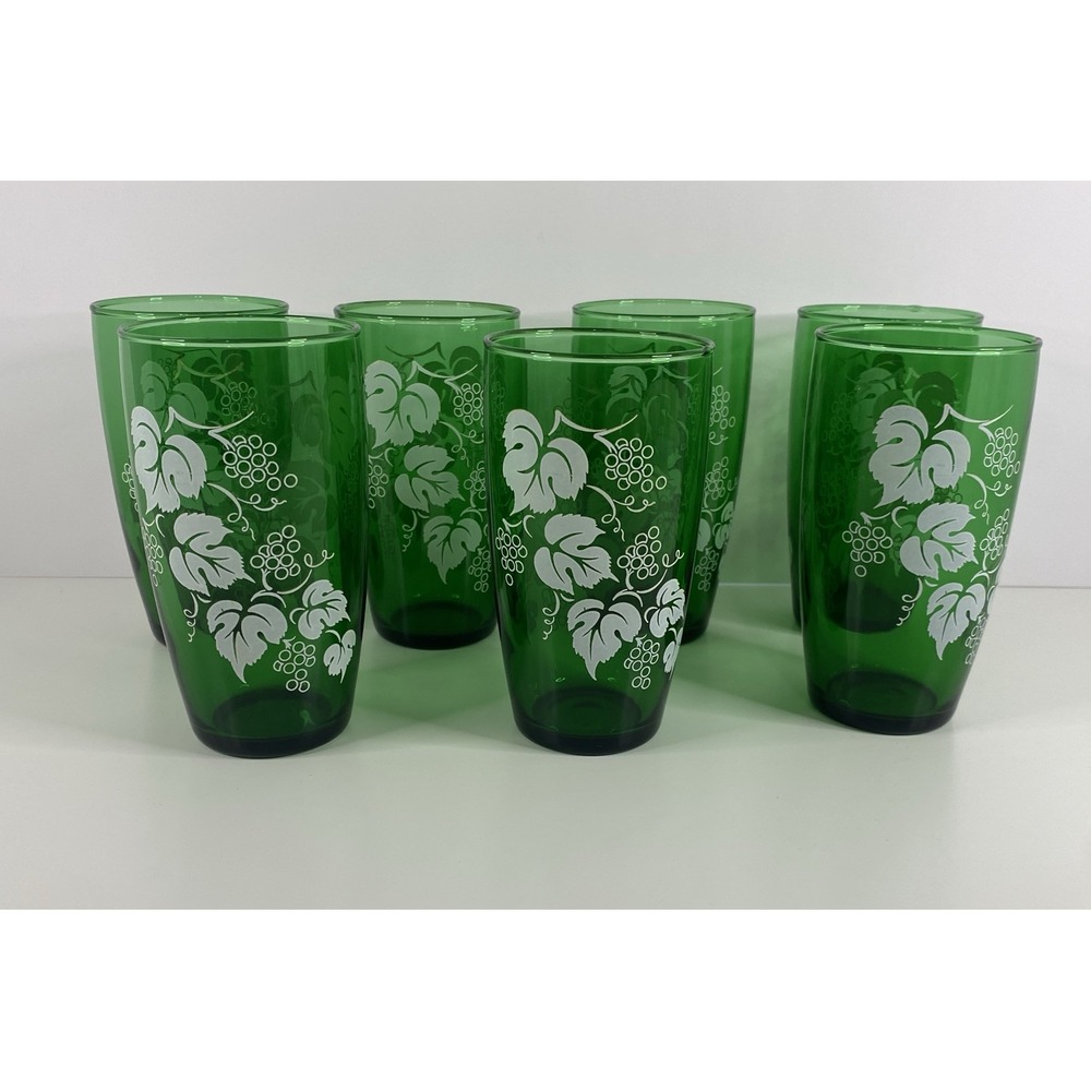 Anchor Hocking Tumblers Forest Green White Grape Leaves Retro Set of 7 Glasses